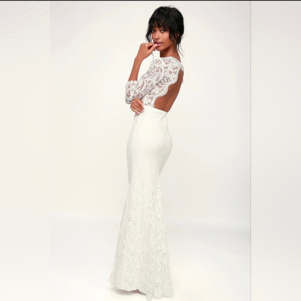 Lulu's Adley White Lace Three-Quarter Backless Maxi Dress NWT Size S